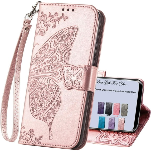 for Samsung Galaxy S9 Phone Case Wallet,Women Flip Folio Cover Galaxy S9 Credit Card Holders Emboss Butterfly Flower PU Leather Purse Wrist Strap Kickstand Case for Samsung Galaxy S9 Rose Gold
