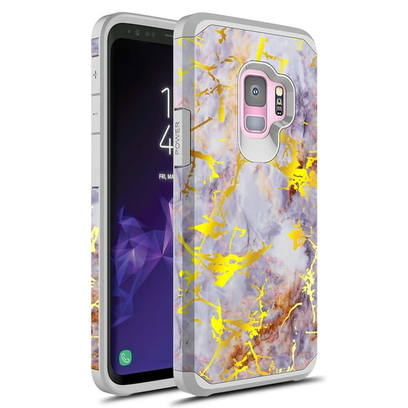 Samsung Galaxy S9 Plus Case, Rosebono Slim Hybrid Shockproof Hard Cover Graphic Fashion Colorful Skin Cover Armor Case for Samsung Galaxy S9 Plus (Gold Purple Marble)