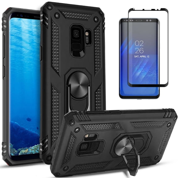 Samsung Galaxy S9 Plus Case, With [Tempered Glass Screen Protector Included], STARSHOP Drop Protection Ring Kickstand Cover- Black