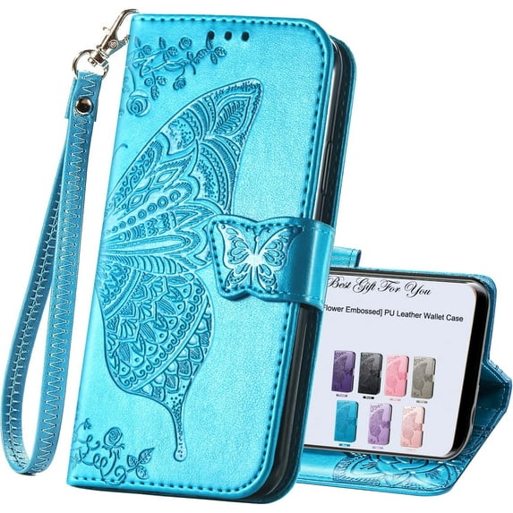 for Samsung Galaxy S9 Plus Phone Case Wallet,Women Flip Folio Cover Credit Card Holders Emboss Butterfly Flower PU Leather Purse Wrist Strap Kickstand Case for Samsung Galaxy S9 Plus Blue