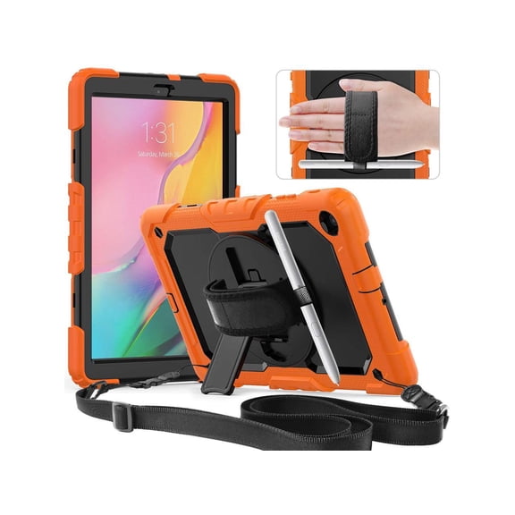 Samsung Galaxy Tab A 10.1 2019 Case T510 T515 Cover Three Layer Hybrid Drop Protection Case with 360 Rotating Stand / Hand Strap & Stylus Pencil Holder for Samsung Galaxy Tab A 10.1 inch