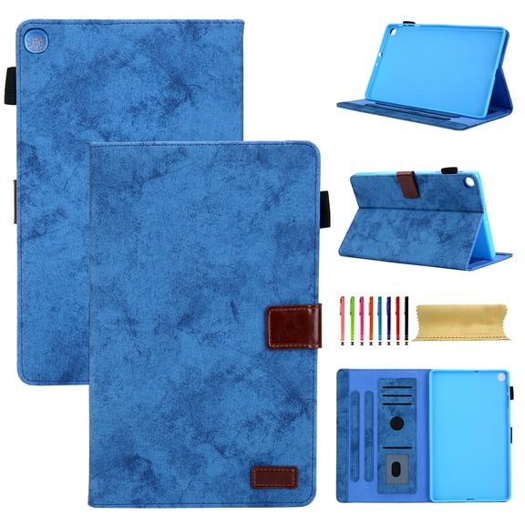 For Samsung Galaxy Tab A 10.5 2018 Model SM-T590/T595/T597 Case,Retro Card Slot Cover with Pencil Holder,Multi-Angle Viewing Stand,Pocket Folio Leather Case,Blue