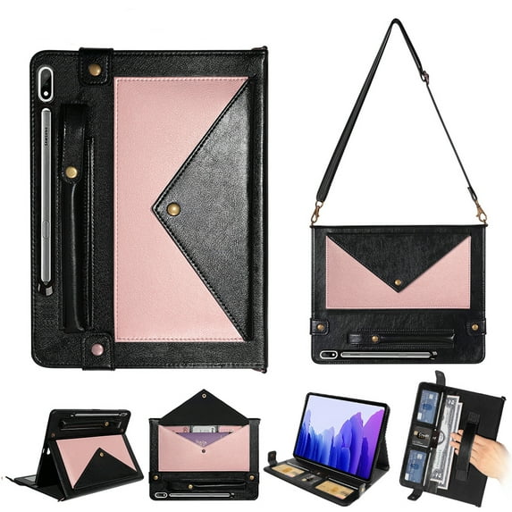 for Samsung Galaxy Tab 12.4" S8plus/X800/X806/S7FE/T730/T733/T736/T738/S7plus/T970/T975 Envelope Case, PU Leather w/Pen Holder/Card Slot/Hand Strap Wallet Shoulder Bag Carrying Case,Rosegold