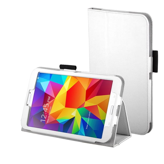 Samsung Galaxy Tab 4 8.0 Case (White) - Slim Fit Folio Synthetic Leather Smart Cover Stand for Samsung Galaxy Tab 4 8-Inch Tablet with Auto Sleep & Wake Function, Elastic Hand Strap and Stylus Holder