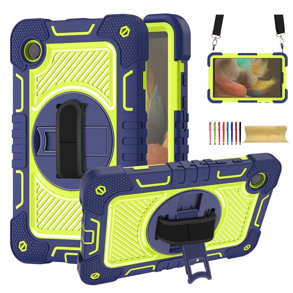 for Samsung Galaxy Tab A 8.0" 2019 (SM-T290/T295/T297),360 Degree Rotation Kickstand Handle Wrist Strap Armor Heavy Duty Rugged Multi-Functional Cover with Adjustable Shoulder Strap,Navy+Green