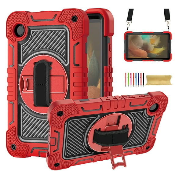for Samsung Galaxy Tab A 8.4 2020 Model SM-T307,360 Degree Rotation Kickstand Handle Wrist Strap Armor Heavy Duty Rugged Multi-Functional Cover with Adjustable Shoulder Strap,Red+Black