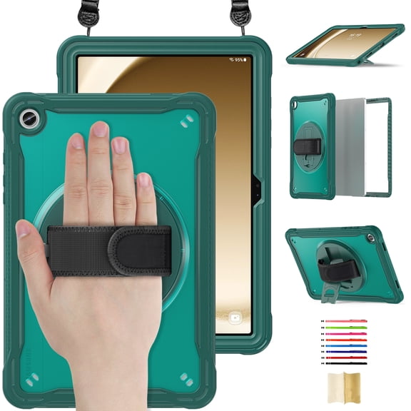for Samsung Galaxy Tab A11 8.7" 2025 SM-X133 / SM-X135 Rugged Case, 360 Rotating Hand Strap Kickstand / Adjustable Crossbody Strap, [2 In 1] Heavy Duty Protective for Galaxy Tab A11, Darkgreen
