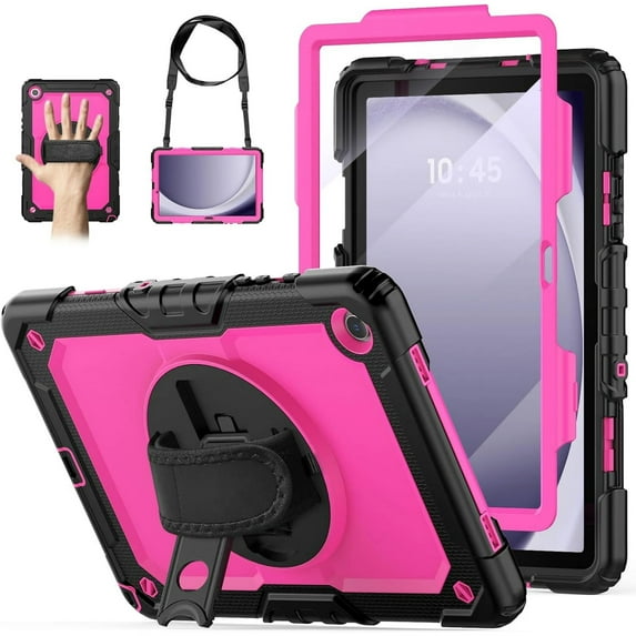 For Samsung Galaxy Tab A11 8.7” SM-X130/X133/X135 Case with Screen Protector Shoulder Strap, 360 Rotating Hand Strap & Stand, Shockproof Rugged Heavy Duty Case for Galaxy Tab A11,Black + Rose