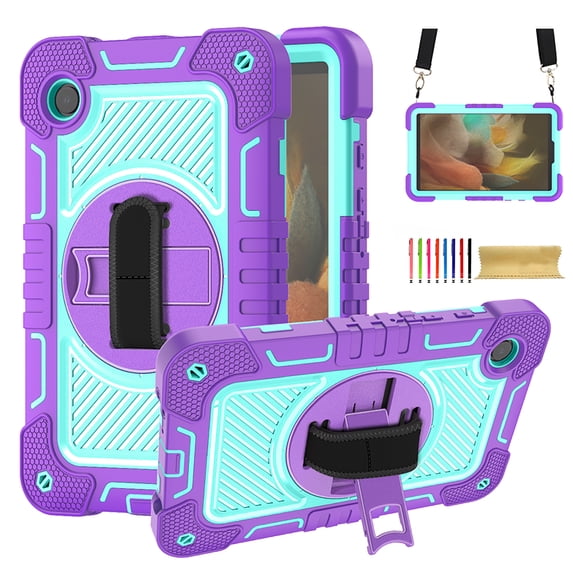 for Samsung Galaxy Tab A7 10.4-Inch 2020 (SM-T500/T505/T507),360 Degree Rotation Kickstand Handle Wrist Strap Armor Heavy Duty Rugged Multi-Functional Cover with Adjustable Shoulder Strap,Purple+Blue