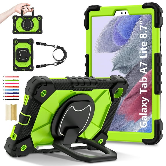 for Samsung Galaxy Tab A7 Lite 8.7" 2021 with Pencil Holder/360° Rotating Kickstand/Grip Handle/Shoulder Strap Kids Girls Heavy Duty Protective 3-Layers Cover, Black+Olivine