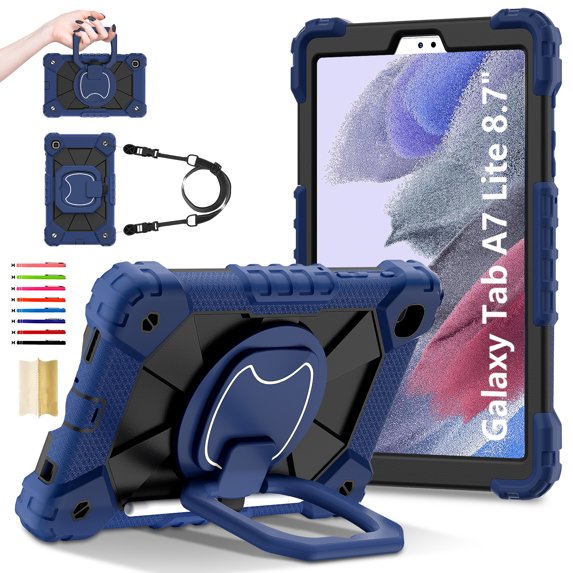 for Samsung Galaxy Tab A7 Lite 8.7" 2021 with Pencil Holder/360° Rotating Kickstand/Grip Handle/Shoulder Strap Kids Girls Heavy Duty Protective 3-Layers Cover, Darkblue+Black