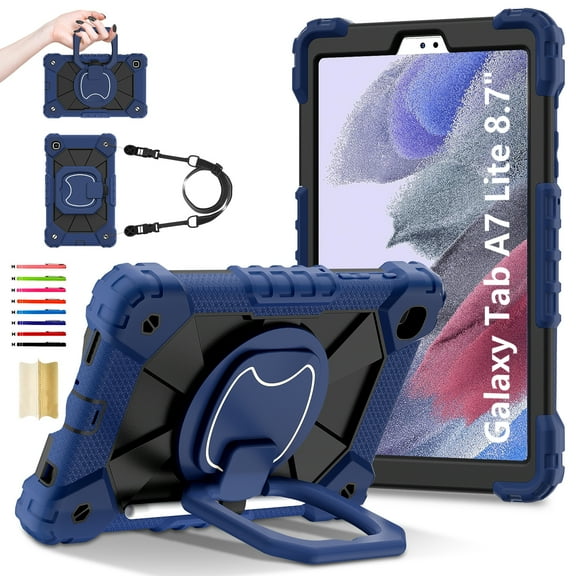 for Samsung Galaxy Tab A7 Lite 8.7" 2021 with Pencil Holder/360° Rotating Kickstand/Grip Handle/Shoulder Strap Kids Girls Heavy Duty Protective 3-Layers Cover, Darkblue+Black