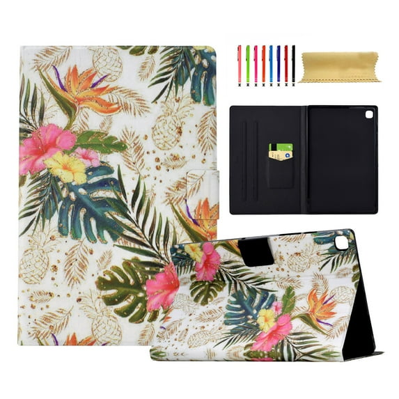 for Samsung Galaxy Tab A7 Lite 8.7" 2021 SM-T225 / SM-T220 Case, Pattern PU Leather Full Body Protective Adjustable Stand Cover with Card Pocket Folio Flip Case Cover, Golden Pineapple