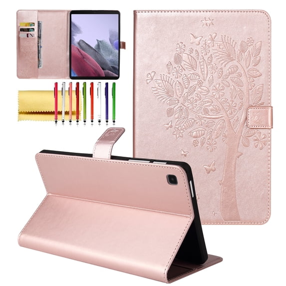 for Samsung Galaxy Tab A7 Lite 8.7 Inch 2021 Model (SM-T220/T225/T227) Case, Embossed Cat & Tree PU Leather Retro Shockproof Magnetic Clasp Wallet Card Slots Folio Kickstand Cover, Rosegold
