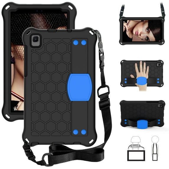 For Samsung Galaxy Tab A7 Lite 8.7 inch 2021 Model SM-T220 T225, Heavy Duty Handle Shockproof Kickstand Rugged Case with Removable Shoulder Strap Flexible Handle Strap,Black/Blue