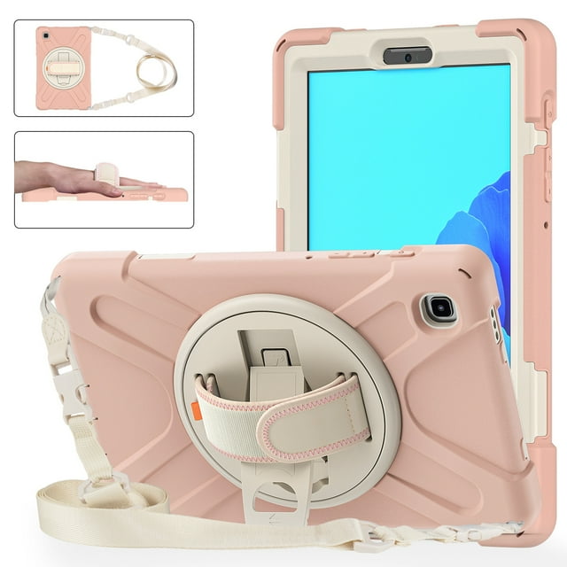 Samsung Galaxy Tab A7 Lite 8.7 inch Case 2021 SM-T220/T225/T227 for Kids with Carrying Shoulder Strap Hand Strap, Dteck Heavy Rugged Shockproof Impact Resistant Cover with Rotating Stand, Pink