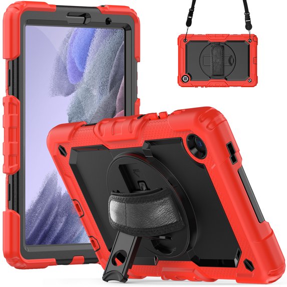 Samsung Galaxy Tab A7 Lite Case 8.7" with Screen Protector 360 Rotating Hand Strap Stand, Dteck Drop-Proof Rugged Case for Galaxy Tab A7 Lite 2021 SM-T220/T225/T227,Red+Black