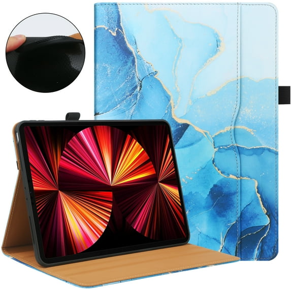 for Samsung Galaxy Tab A8 10.5 2022 SM-X200 / SM-X205, PU Leather Folio Stand Cover with Pencil Holder, Auto Wake/Sleep, Multiple Viewing Angles, Built in Elastic Belt Hand Strap, Blue Marble