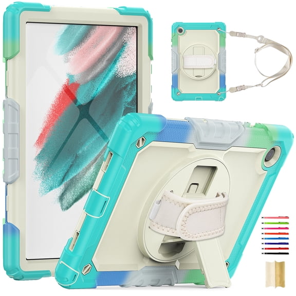 for Samsung Galaxy Tab A8 10.5 Kids Case 2022 Heavy Duty Rugged Shockproof Silicone Hybrid Protective Case Cover w/Stand+ Pencil Holder+ Hand Strap for Tablet A8(SM-X200/SM-X205/X207) - Colorful Green