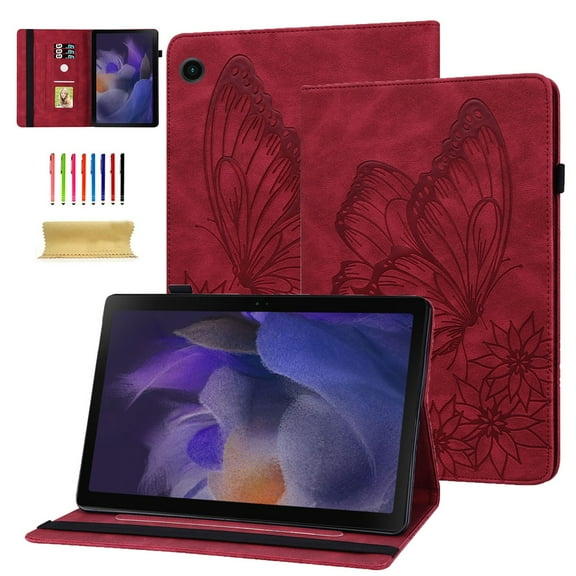 Samsung Galaxy Tab A8 2022 Case, Samsung X200/X205/X207 10.5 inch Tablet Case, Dteck Embossed Butterfly Folio Flip Case with Card Slots Stand Cover For Samsung Galaxy Tab A8 10.5 2022,Red