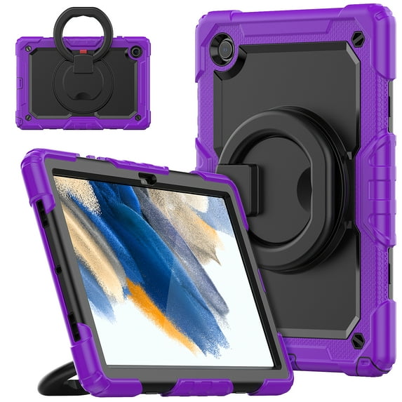 Samsung Galaxy Tab A8 Case 10.5 Inch 2022 SM-X200/X205/X207 with Built-in Screen Protector, Dteck Heavy Duty 3 in 1 Shockproof Bumper Full Body Drop Protection with 360° Ring Holder,Purple+Black