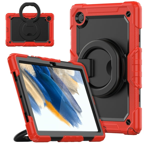 Samsung Galaxy Tab A8 Case 10.5 Inch 2022 SM-X200/X205/X207 with Built-in Screen Protector, Dteck Heavy Duty 3 in 1 Shockproof Bumper Full Body Drop Protection with 360° Ring Holder,Red+Black