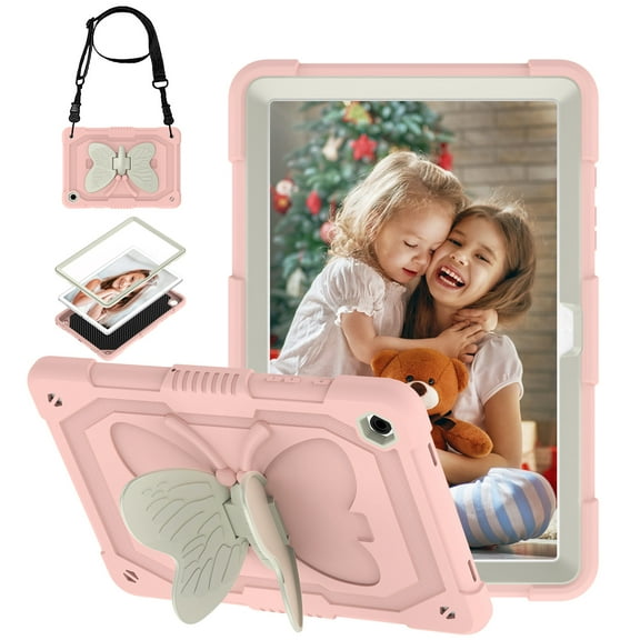 for Samsung Galaxy Tab A9+ 11.0" 2023 SM-X210 / SM-X215 / SM-X216 Case for Kids, with Butterfly Wings Kickstand Shoulder Strap Heavy Duty Rugged 2 In 1 Silicone PC Cover, Pink+Beige