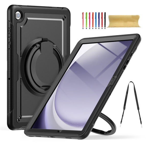 for Samsung Galaxy Tab A9+ 11.0" 2023 SM-X210/SM-X215/SM-X216B Case, Shockproof Rugged Protective Case with 360°/180° Rotating Handle Grip Stand & Adjustable Shoulder Strap & Pencil Holder - Black