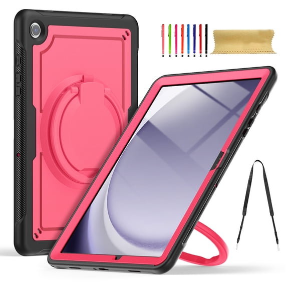 for Samsung Galaxy Tab A9+ 11.0" 2023 SM-X210/SM-X215/SM-X216B Case, Shockproof Rugged Protective Case with 360°/180° Rotating Handle Grip Stand & Adjustable Shoulder Strap & Pencil Holder - Rose