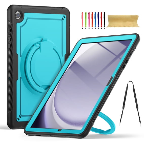 for Samsung Galaxy Tab A9+ 11.0" 2023 SM-X210/SM-X215/SM-X216B Case, Shockproof Rugged Protective Case with 360°/180° Rotating Handle Grip Stand & Adjustable Shoulder Strap & Pencil Holder - Lightblue