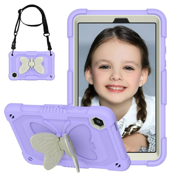 for Samsung Galaxy Tab A9 8.7" (2023) SM-X110/X115 Kids Case with 3D Butterfly Stand & Pencil Holder, Tablet Case with Adjustable Shoulder Strap, Anti-Scratch Shockproof Protective Cover, Purple+Beige