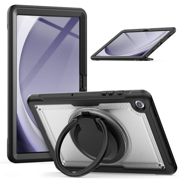 for Samsung Galaxy Tab A9 8.7" 2023 SM-X110/X115 Tablet Case with Rotatable Stand & Handle Grip, Soft TPU Outer Shell Heat Dissipation Rugged Case with Shoulder Strap Pen Holder, Clear