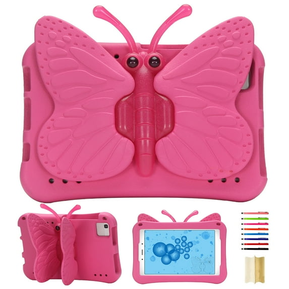 For Samsung Galaxy Tab A9 8.7"/A7 Lite/HD8 (2018/2017/2016) Rotating Butterfly Stand Case,Rotatable and Folding Soft EVA Stand Lightweight Rugged Heavy Duty Shockproof Kids Friendly Case,Rose