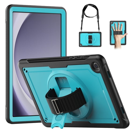 for Samsung Galaxy Tab A9 Plus 11.0" 2023 Case with Adjustable Hand Strap, Heavy Duty Shockproof Protective Cover with Rotating Stand, Shoulder Strap, Pencil Holder Tablet Case, Lightblue