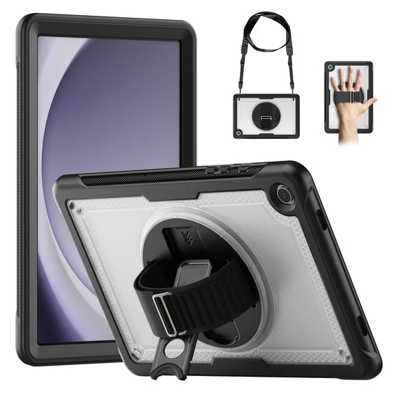 for Samsung Galaxy Tab A9 Plus 11.0" 2023 Case with Adjustable Hand Strap, Heavy Duty Shockproof Protective Cover with Rotating Stand, Shoulder Strap, Pencil Holder Tablet Case, Clear