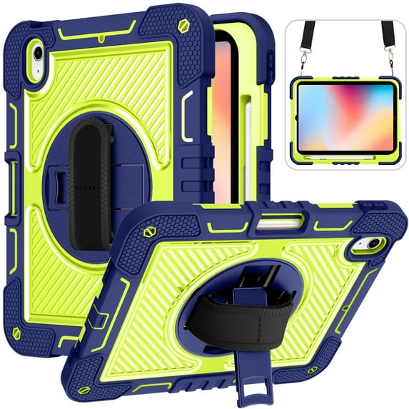 For Samsung Galaxy Tab A9 Plus S9 FE S8 PLUS A7 Lite S6 P610 A8 X200 X205 360 Rotation Hand Strap Kickstand Cover Tablet Case (Navy Yellow,Tab A 10.1 T510 T515)