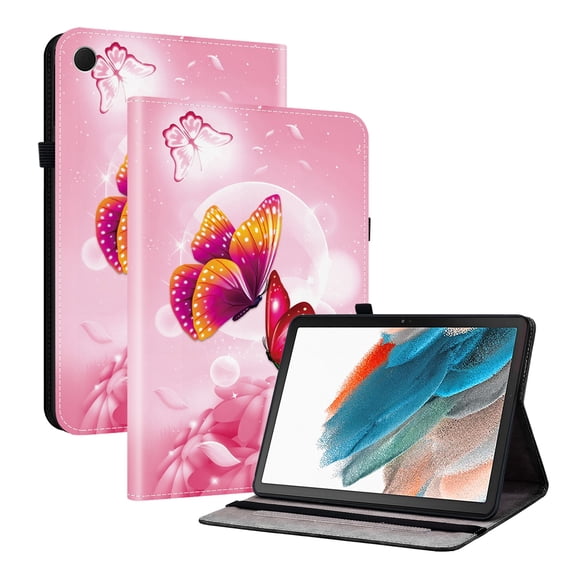 For Samsung Galaxy Tab A9 (SM-X110), Tab A11 (SM-X130) 8.7" Folio Case with Stand/Card Slots/Elastic Band Closure/Pen Loop Holder, Stylish Cute PU Leather Protective Slim Flip Cover, Pink Butterfly