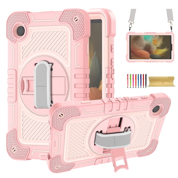 for Samsung Galaxy Tab S10 2024/S9 2023/S8 2022/S7 2020 Case 11" & S9 FE 10.9" 2023,360 Rotation Kickstand Handle Wrist Strap Armor Heavy Duty Rugged Cover + Adjustable Shoulder Strap,Rosegold