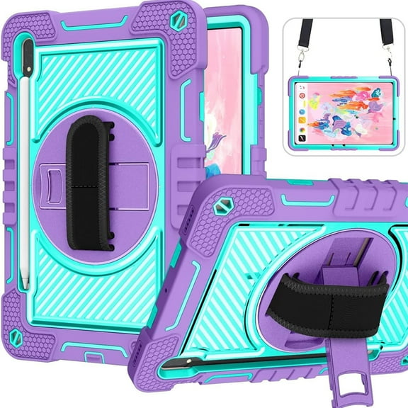 for Samsung Galaxy Tab S10 2024/S9 2023/S8 2022/S7 2020 Case 11" & S9 FE 10.9" 2023,360 Rotation Kickstand Handle Wrist Strap Armor Heavy Duty Rugged Cover + Adjustable Shoulder Strap,Purple+Blue