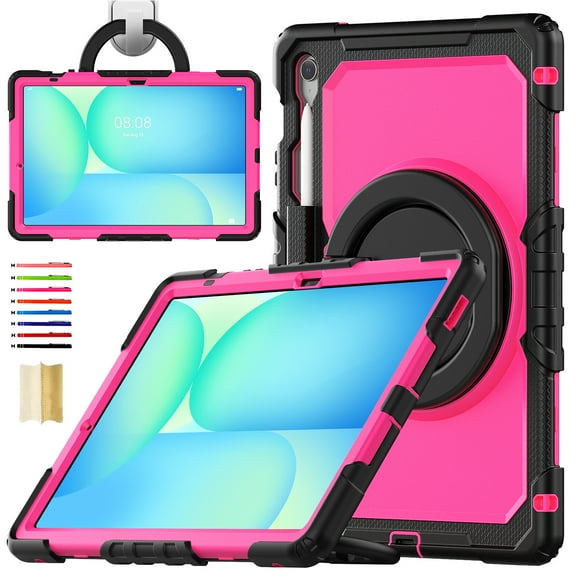 for Samsung Galaxy Tab S10 FE Plus 2025 Kids Case Heavy Duty Rugged Shockproof Silicone Hybrid Protective Case Cover Rotating Ring Stand Hand Grip+Pencil Holder+Screen Protector, Black+Rose