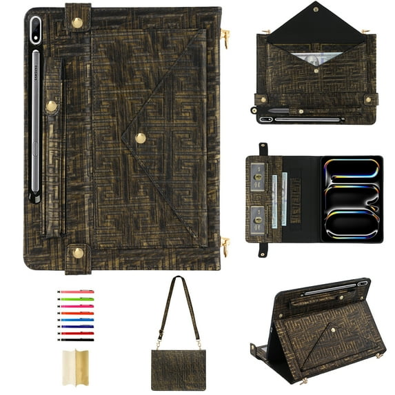 for Samsung Galaxy Tab S10 FE+ / S10 FE Plus 13.1 inch 2025 Crossbody Tablet Case with Card Slots & Stand & Shoulder Strap & Wristband & Pencil Slot, Vintage Labyrinth Pattern Wallet Cover, Blackgold