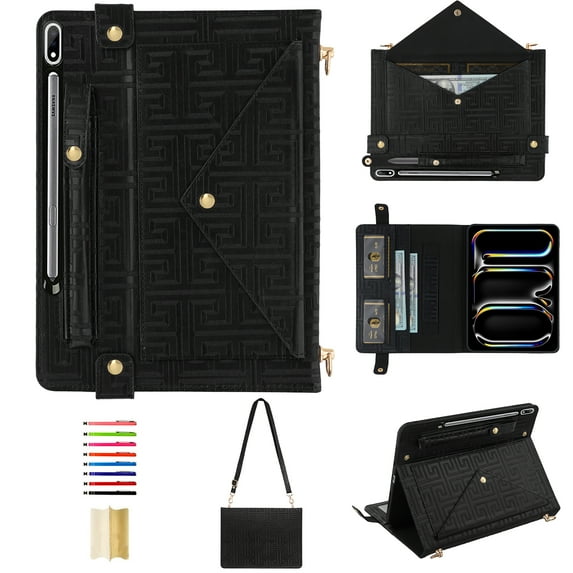 for Samsung Galaxy Tab S10 FE+ / S10 FE Plus 13.1 inch 2025 Crossbody Tablet Case with Card Slots & Stand & Shoulder Strap & Wristband & Pencil Slot, Vintage Labyrinth Pattern Wallet Cover, Black