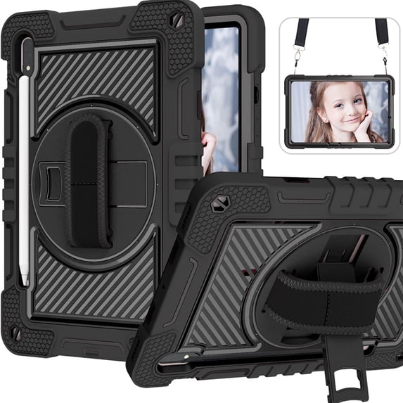 for Samsung Galaxy Tab S10 Plus 2024/S9 Plus 2023/S8 Plus 2022/S7 FE 2021/S7 Plus 2020 12.4 Inch,360 Kickstand Handle Wrist Strap Armor Heavy Duty Rugged Cover + Adjustable Shoulder Strap,Black