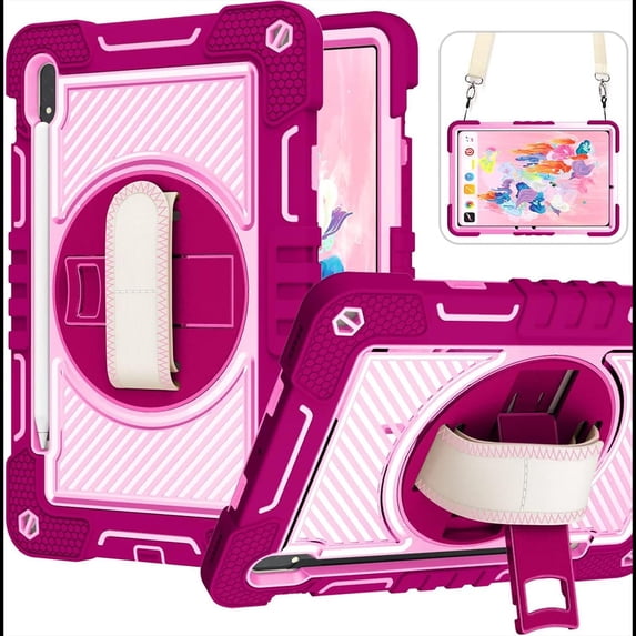 for Samsung Galaxy Tab S10 Plus 2024/S9 Plus 2023/S8 Plus 2022/S7 FE 2021/S7 Plus 2020 12.4 Inch,360 Kickstand Handle Wrist Strap Armor Heavy Duty Rugged Cover + Adjustable Shoulder Strap,Rose+Pink