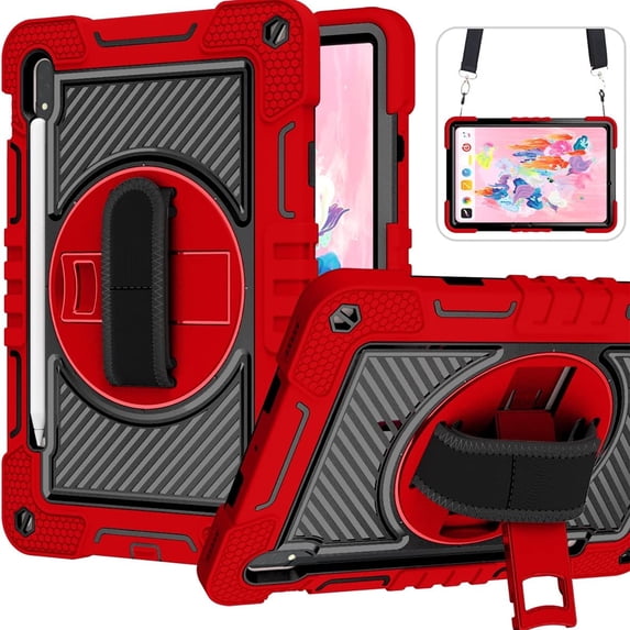for Samsung Galaxy Tab S10 Plus 2024/S9 Plus 2023/S8 Plus 2022/S7 FE 2021/S7 Plus 2020 12.4 Inch,360 Kickstand Handle Wrist Strap Armor Heavy Duty Rugged Cover + Adjustable Shoulder Strap,Red+Black