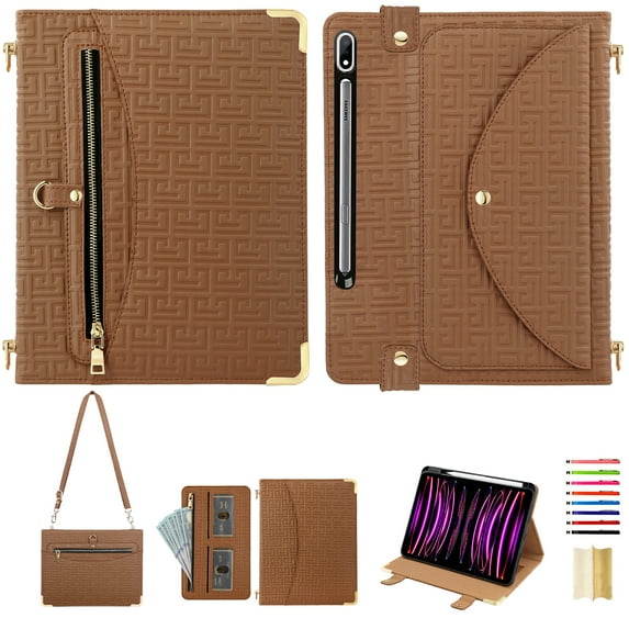 for Samsung Galaxy Tab S10 Plus/S9 FE Plus/S9 Plus 12.4" 2024/2023 Crossbody Case, PU Leather Flip Cover with Card Holder Zipper Pocket Flip Stand Shoulder Strap Pen Slot, Envelope Design Case, Brown