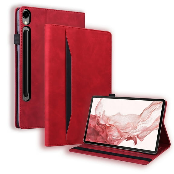 For Samsung Galaxy Tab S10/S9/S8/S7 Case 11" 2024/2023/2022/2020 S9 FE 10.9" 2023, Premium PU Leather Business Folio Stand Cover with Outside Pocket / Inner Card Slots Case with S Pen Slot,Red