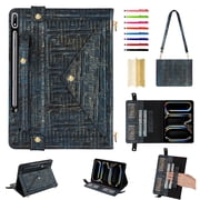 for Samsung Galaxy Tab S10+/S9+/S8+/S7+/S7 FE Case, Handbag PU Leather Stand Cover with Elastic Hand Strap and Detachable Adjustable Shoulder Strap, Pencil Holder, Document Card Pocket, Blue