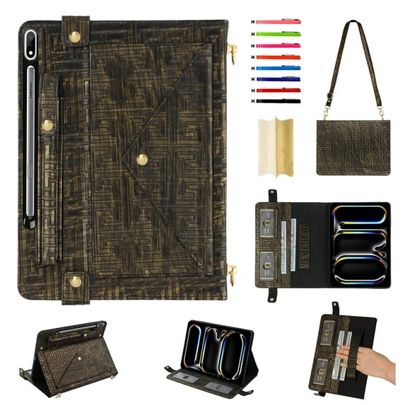 for Samsung Galaxy Tab S10 Ultra/S9 Ultra/S8 Ultra Case, Handbag PU Leather Stand Cover with Elastic Hand Strap and Detachable Adjustable Shoulder Strap, Pencil Holder, Document Card Pocket, Blackgold