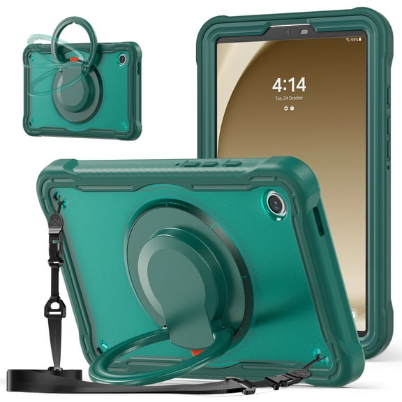 for Samsung Galaxy Tab S11 11.0" 2025 SM-X730 / SM-X736 / SM-X736B Case, TPU Hybrid Shockproof Protective PC Clear Back Case Cover with 360° Swivel Stand / Shoulder Strap for Kids - Darkgreen